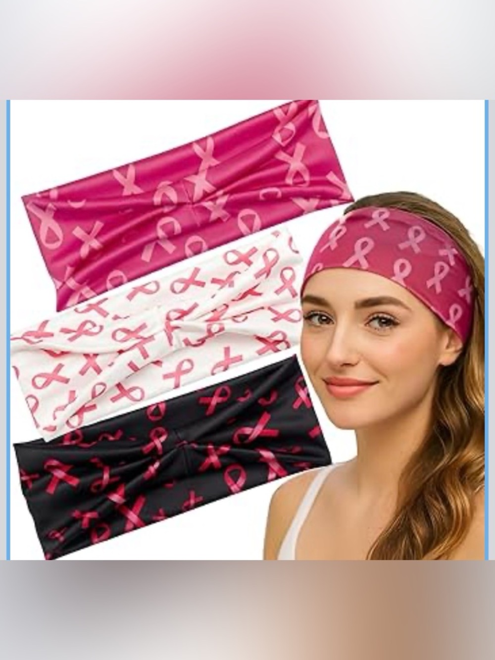 3/$8 BrestCancer Awareness Ribbon Stretch Headband - Pink/White/Black